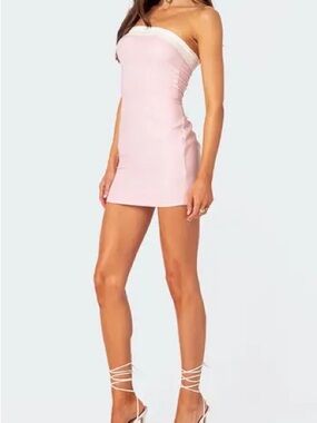 Edikted Strapless Light Pink Mini Dress with White Trim